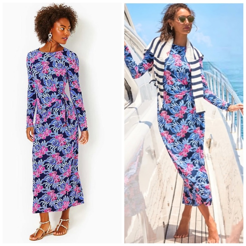 Lilly Pulitzer Bryson Long Sleeve Maxi Low Tide‎ Navy It’s Ofishell Floral Large